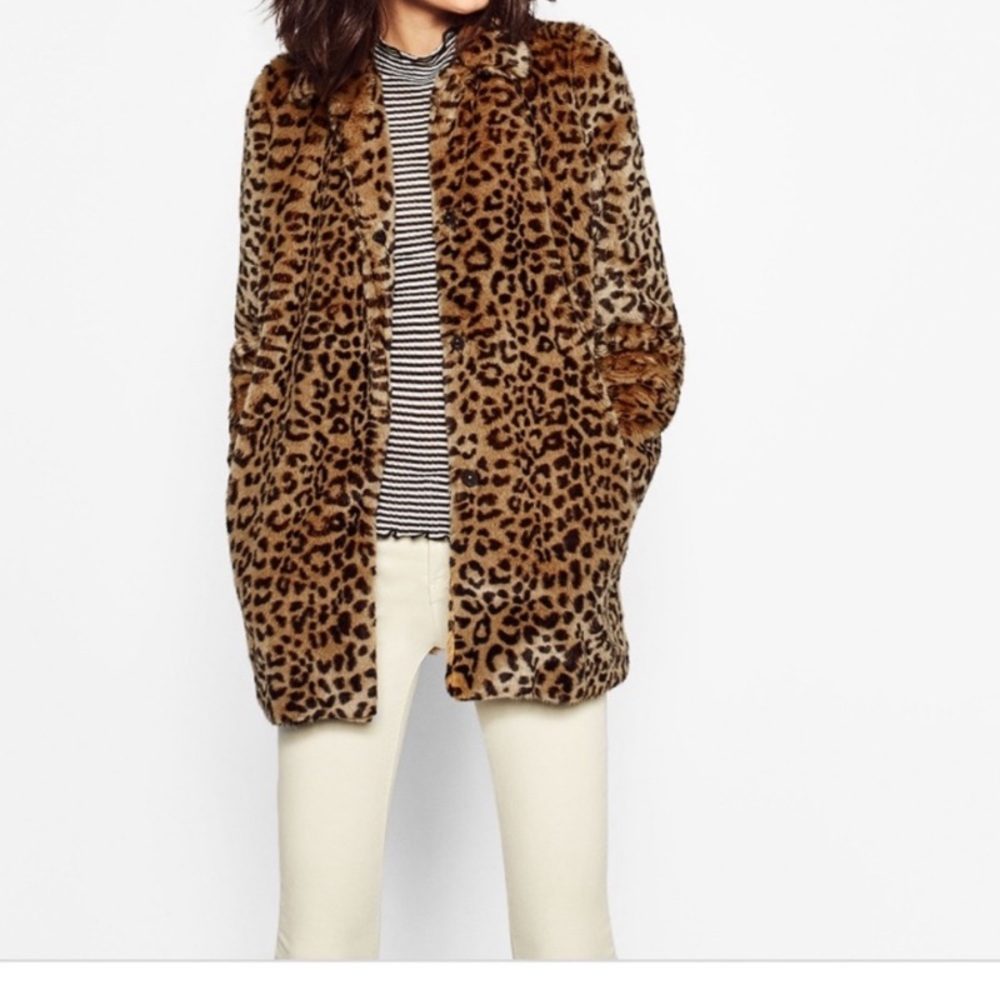 Zara longline faux fur leopard print lapel coat